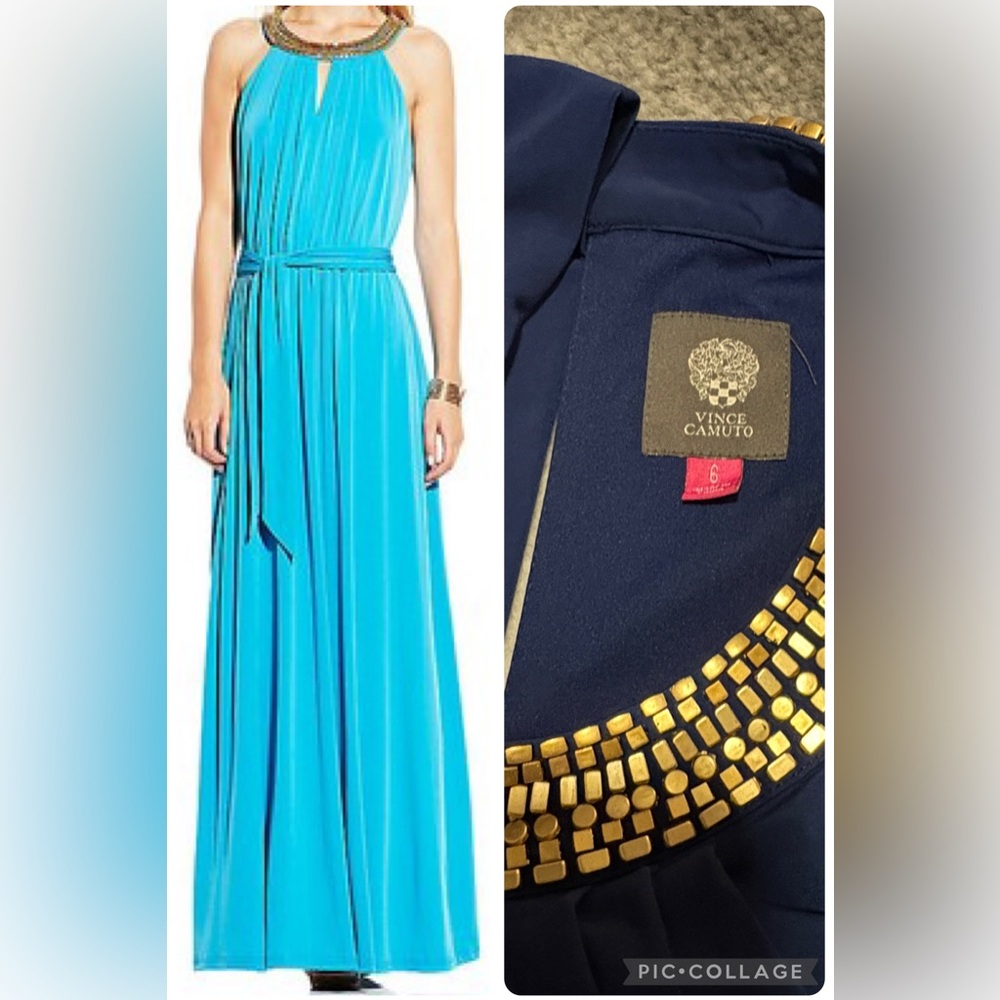 Vince Camuto Turquoise Maxi Dress with Gold Beaded Neckline